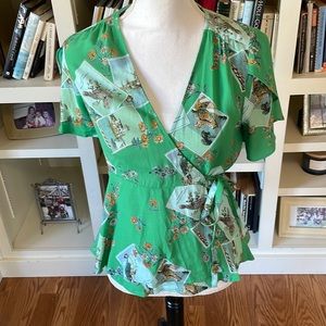 NEW Anthropologie Meadow Rue Green Short Sleeve Floral Bird Print Wrap Top Sz 2